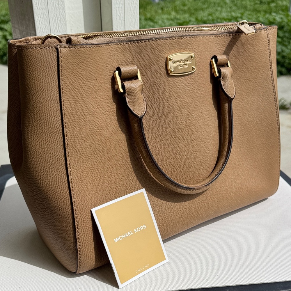 Michael Kors Tan Saffiano Leather Satchel with Gold-Tone Hardware